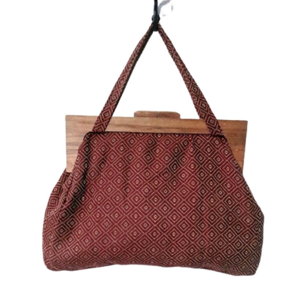 Large 1940s Vintage Red Print Cotton And Wood Frame Knitting Tote Bag Purse